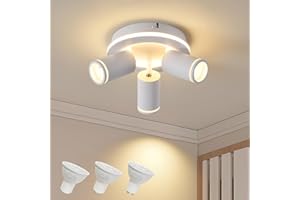SANSHI Ceiling Light 3-Bulb LED, Swivelling 350° Round Ceiling Spotlight, Ceiling Light with Lower Glow, 15 W + 3 x 5 W GU10 Spotlights, Modern Ceiling Spotlight Spotlight 3000 K Warm White, Spotlight Lamp