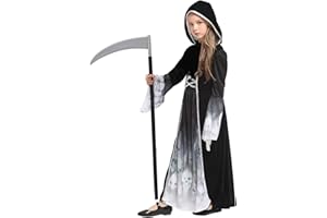 YIMOJOY Halloween Kostüm Sensenmann Mädchen - Gespensterprinzessin Kostüm mit Sense Schwarz Halloween Kostüm Kinder Reaper Kostüm für Halloween Karnevals Cosplay