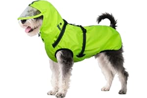 OUOBOB Hunderegenmantel wasserdicht, Regenjacke mit reflektierenden Streifen, H-Brustgeschirr (D-Ring) & Abnehmbarer Kapuze mit Visier, Ideal für mittelgroße/große Hunde [Neon Grün, Größe M]