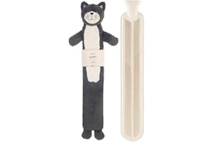 E&A DISTRIBUTION LIMITED Hot Water Bottle Long with Cover 2 Litre - Fluffy Faux Fur Fleece Cover Durable Winter Warm - Natural Rubber- Pain Relief Therapy Waist & Neck Hot Water Bottle Adults and Kids (Grey Cat)