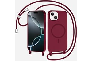 SLWYF Magnetische Handykette für iPhone 15 Hülle mit Band, Handyhülle Kompatibel mit MagSafe, Silikon Seil Necklace Handyhülle PU Stoßfest mit Abnehmbar Kordel zum Umhängen Case - Rot