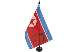 BANDERA de MESA de COREA DEL NORTE CON KIM JONG-UN 21x14cm - BANDERINA de DESPACHO NORCOREANA 14 x 21 cm - AZ FLAG