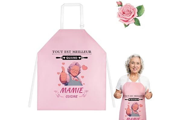 DIKARIYA Cadeau Anniversaire Mamie, Tablier de Cuisine pour Mamie, Cadeau d'anniversaire Grand Mere, Élue Meilleure Mamies du Monde, Tablier Réglable Chef Tabliers pour Cuisine, Jardinage, Barbecue
