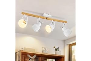 GBLY Foco de techo 4 llamas blanco: Lámpara de techo vintage giratoria 350° máx. 25 W, casquillo E14, estilo industrial, con vetas de madera, para salón, dormitorio, oficina (sin bombilla)