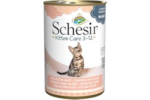 Schesir - Mokra karma dla kotów o smaku kurczaka z aloesem w galaretce - dla kociąt od 3 do 12 miesięcy - 24 puszki po 140 g (3,36 kg łącznie)