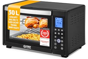 ‎TZS FIRST AUSTRIA TZS First Austria - Minibackofen Digital 30L 1600W - Mini Backofen stufenlose Temperaturregelung bis 230°C - Miniofen 60 Min-Timer, 3 Einschubhöhen, Backblech & Grillrost - Für kleine Küchen & Camping