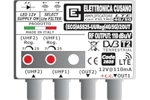 ELETTRONICA CUSANO (ECO)ASS25-UUReg(4G/5G)/2OUT - Amplificatore Antenna TV con Filtro LTE 4G e 5G (Selezionabile), Amplificatore Antenna da Palo, 2 Ingressi UHF, Gain 25dB, Amplificatore Antenna 2 Uscite, Made in Italy