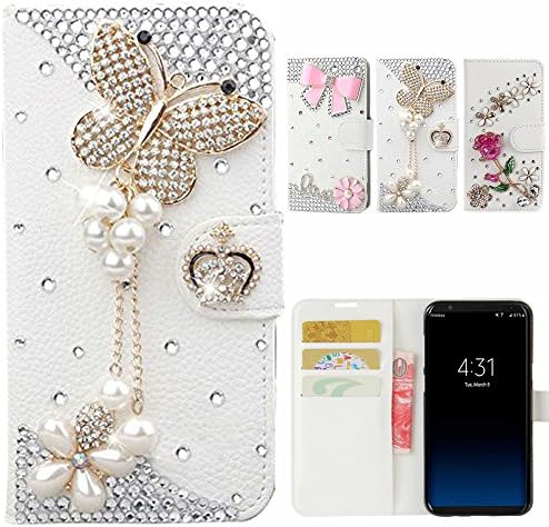 Galaxy S8 Plus Case, Jamche Premium [ 3D DIY Handwork Design ] Glitter Bling Diamonds PU Leather Magnetic Flip Open Pocket ID Credit Card Holders / Cash Slots Wallet Protective Phone Case Cover for Samsung Galaxy S8 Plus, Pearl Butterfly