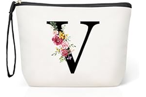 HAMATATA Grande Neceser Maquillaje Mujer Personalizado Inicial, Bolsa de Cosméticos de Lona de Letras, Neceser de Maquillaje de Viaje, Regalo Cumpleaños Navidad para Mujeres Novias Mejores Amigas（V）
