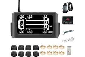 LUOLETY Reifendruckkontrollsystem, drahtloses Solar-TPMS-Monitorsystem mit 8 externen TPMS-Sensor, 6 Alarmmodi, Echtzeit-Erkennung Auto-Alarmsystem für Wohnmobile, Anhänger, schwere LKWs