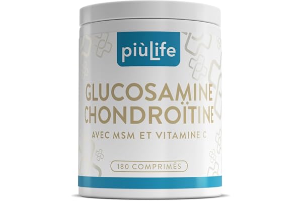 Glucosamine Chondroïtine Msm Articulation 180 Comprimés PiùLife, Avec Vitamine C Pour Le Collagene, Bien-être Du Cartilage, Des Os, Chondroitine Glucosamine Sulfate, Genoux, Épaule, Coude