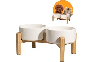 Upphöjda hund- och kattskålar - Dubbelset i keramik med halkfri bambuhållare - för mat och vatten - liten storlek - 2 x 480 m
