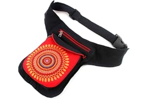 FUREIN Riñonera de Tela Casual Diseños Étnicos 3 Bolsos con Cierre de Cremallera Talla única Correa Ajustable (18x16x3cm) (MB-1 Rojo)