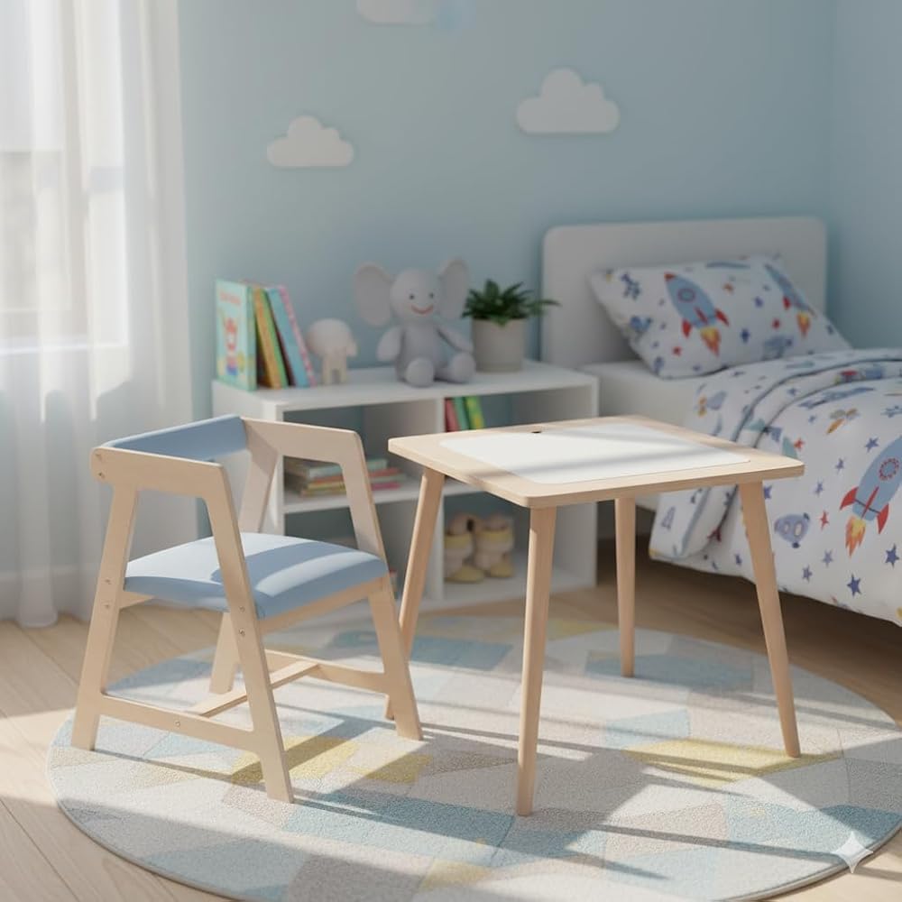 Rozitoys Montessori Ahşap Aktivite Masası Seti - Saklama Kutulu, Kapaklı Çalışma Alanı, 60x43x47 cm, Masif Ayaklı Sandalye (Mavi Minder)