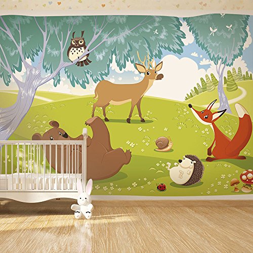 FOTOTAPETE 350x245 cm - VLIES TAPETE PREMIUM - PROFI QUALITÄT - Top moderne Wanddeko - Riesen Wandbild - Top Design Tapete - Neue exklusive Edition mit noch besser Druckauflösung - Deutsches Premium Vlies - für Kindertapete Kinderzimmer Kinder Wald Tiere e-A-0031-a-a