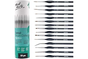 Mont Marte Colección de Pinceles para Detalles, 15 Piezas, cerdas de taklon, adecuadas para Pinturas acrílicas, óleo, Acuarela y Gouache, Incluye Bolsa de Almacenamiento