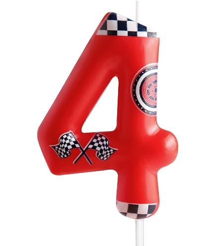 Candela Numero 4 Per Torta A Tema Auto Da Corsa – Decorazione Metallica Bianca E Nera, 10 Cm, Per Compleanno Bambini