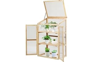 COSTWAY Mini Serra da Giardino a 3 Ripiani in Legno, Serra da Esterno e Interno per Piante e Orto con Coperchio e Ante Apribili, Mini Serra da Giardino e Balcone, 60 x 45 x 100 cm