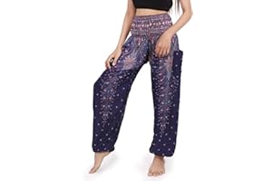 BANJAMATH Women's Smocked Waist Harem Hippie Trousers Boho Yoga Bohemian Pants