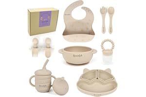 Acenotch Baby Weaning Suction Plate Toddler Plates Kids Plates Baby Feeding Set - Perfect Baby Gift for New Parents! Includes Weaning Set, Baby Cup, Baby Bowls, and More! (Beige)