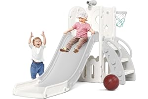 XJD Toddler Slide 5 in 1 Kids Baby Slide, Climber with Basketball Hoop, Telescope, Storage Basket, Garden Climbing Frames for Children Playset Indoor & Outdoor Slide for Children Age 1-3 Gray