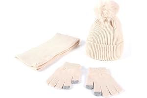 Hinzonek Winter Warm Knit Beanie Hat Scarf Gloves Set for Toddler Boys Girls 3 in 1 Pom Pom Hats Mittens Neck Scarf Set Thick Set Outdoor Wearing