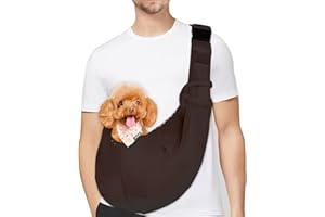 PETLOFT Sac de Transport pour Chien, Réversible Sling Bandoulière Réglable, avec Crochet de Collier pour Chiot/Chat/Lapin Jusqu'à 4.99kg, Marron