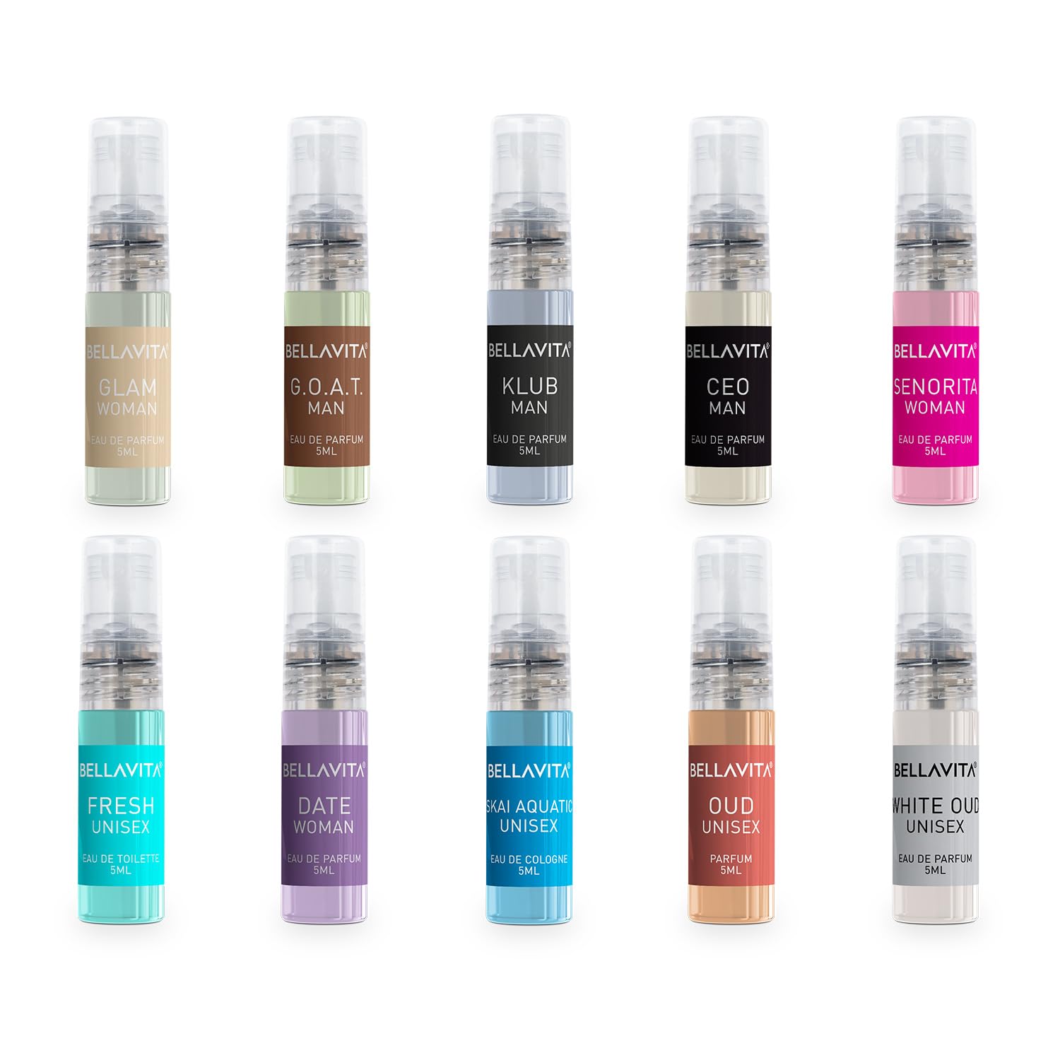 Bella Vita Luxury Men & Women Trial Pack Of 10 X 5Ml Pocket Aerosol Perfumes Unisex Fresh Scent Fragrance Mix Of Edp, Edt & E