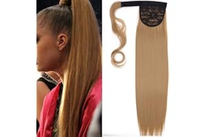 CYBELLEZA Coleta Postiza Extensiones de Cabello Natural Clip Pelo Sintetico Liso Largo Ponytail Hair Extension Cola Wrap Around (Rubia natural)
