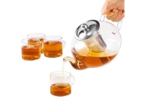 1200ML teekanne glas set,Teekanne mit Siebeinsatz, E.YOMOQGG 1,2 L Teekanne Glas Mit 4 Tassen (130ml) FüR Lose BläTter,BlüTentee,Teebeutel Glas Teekanne Mit Teesieb