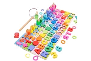 TOP SALE Montessori Wooden Activity Board for Toddlers 5-in-1 Early Learning Educational Toy with Alphabet Letters, Numbers, Shapes, Counting Rings & Magnetic Fishing | Preschool Fine Motor Skills Development
