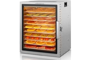 VarmBake Dörrautomat Edelstahl 10 Etagen, 0.84㎡ Dörrfläche, 30-90℃ Obsttrockner Dörrautomat Groß, 800W Lebensmittel Dörrgerät Für Gemüse Fleisch Dörrautomaten, & 316 Tabletts(29X29 cm）