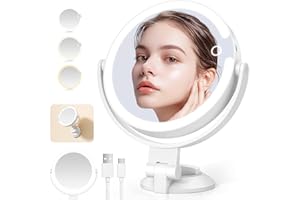 NIBSHOOM Cosmetic Mirror with Lighting, 1x/10x Magnifying Mirror with Light, 7 Inch Makeup Mirror, 3 Colours, Dimmable, Height Adjustable, LED Mirror with Suction Cup for Bathroom
