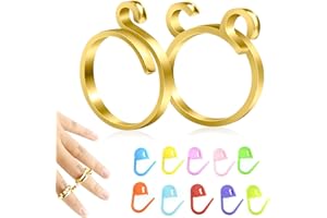 Irikdescia 2 anillos de punto trenzados ajustables para dedos, con 10 marcas de malla de cierre al azar, anillos individuales y dobles, para tejer, manualidades (dorado)