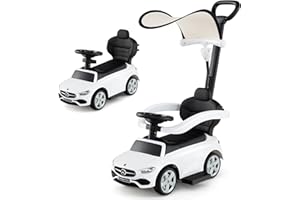 COSTWAY 3 en 1 Mercedes-Benz Porteur Enfant avec Volant & Klaxon & Son de Moteur, Voiture à Pousser Enfant avec Coffre sous Siège, Canopy Réglable, Charge 25kg pour Enfants de 18-36 Mois (Blanc)