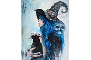 Kit de pintura por números, Amiiba Halloween magia bruja cráneo gato negro 40,6 x 50,8 cm pintura acrílica por número Wall Art Crafts (bruja, sin marco)