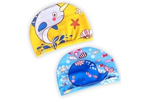 IUDWCG - 2 Pcs Gorro de natación de Silicona para niños, Gorro de Piscina de Nylon para niñas, Gorro de Piscina de Goma para niños Impermeable y Antideslizante (Bonito Estilo de Dibujos Animados)
