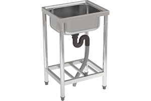 FIDOOVIVIA Stainless Steel Commercial Restaurant Sink with Drain & Storage Shelf, Free Standing Outdoor Kitchen 50x40x80cm - Tap Hole Included (No Tap)