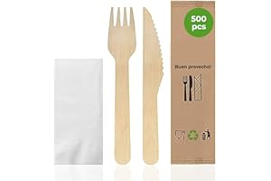 Set de Cubiertos Desechables Envasados bioexxe - Cubiertos Desechables de Madera, Biodegradables - sin plástico - con cucharas, taolla, cuchillos y tenedores desechables (paquete de 500 kits)