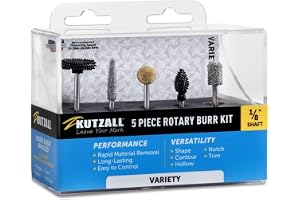 Kutzall 5-Piece Rotary Burr Kit - 1⁄8" Shaft, Variety Grit - Woodworking Attachment for Dremel, Foredom, Ryobi, DeWalt, Milwaukee Tools - Structured Tungsten Carbide
