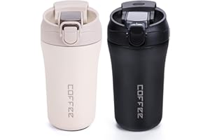 XIAPIA Coffee Cup, Travel Coffee Mug 400ml x 2 Pack, Vacuum Insulated Stainless Cups with Lids and Straws, Reusable Leakproof Bottle for Hot Cold Drinks, Car Thermos Gift for Men and Women, Black White
