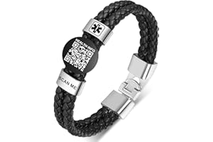 Theluckytag Verbessertes medizinisches Armband für Herren mit QR-Code, medizinische Notfall-ID-Armbänder – 17,8 cm – 20,3 cm, gewebtes Vintage-Lederarmband, Schnalle, mehr Platz sparen,
