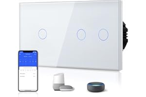 BSEED Interruptor Inteligente WIFI 1 Gang y 2 Gang 1 Vía (Requiere Cable Neutro) Compatible con Alexa/Tuya/Smart Life, Interruptor de Luz de Pared con Panel de Vidrio 157mm Blanco