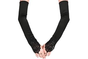 TOYMIS 48 CM Guantes Largos y Negros sin Dedos, con Codo Perforado, Guantes de Satén Fiesta Elástica de Opera Elástica de 1920 para Mujeres