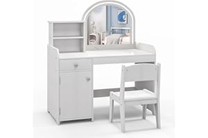 ‎DREAMADE DREAMADE 2 in 1 Schminktisch Kinder mit Hocker und LED-Spiegel, Prinzessin Frisiertisch mit Schublade & Regal & Schrank, Make-up Kosmetiktisch, Kinderschminktisch aus Holz für Kinder (Weiß)