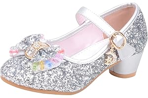 TMDD Glitter Princess Shoes Girls Sparkly Cinderella Cosplay Party Mary Jane Shoes Bridesmaid Wedding Dress Prom Slip on Buckle Shoes Low Heel Court Sandals
