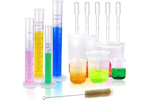 KOMUNJ 15 PCS Plastic Graduated Cylinders and Beakers Set with 5 Transfer Pipettes and 1 Test Tube Brushes Graduated Beakers Mixing Cups Liquid Baking Cooking Measure Tool