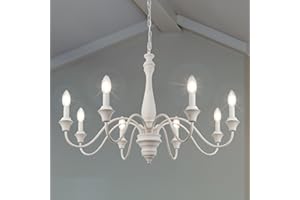 ‎LYNPON LynPon Kronleuchter Vintage Weiß, 8 Flammig Französische Landhaus Holz Esstisch Pendelleuchte, E14 Rustikal Bauernhaus Retro Deckenleuchte Hängend Lampe für Wohnzimmer, Schlafzimmer, Esszimmer, Küche