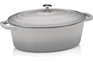 kela Bräter Gusseisen oval 6 Liter, Dutch Oven CALIDO, Induktion Gussbräter mit Deckel, Gusseisen Topf Brot backen, emailliert, hellgrau