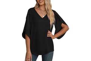 Yommay Women's Chiffon Blouse Ladies Tops Elegant Casual Loose 3/4 Ruffled Split Sleeve V Neck Summer Blouse T Shirts